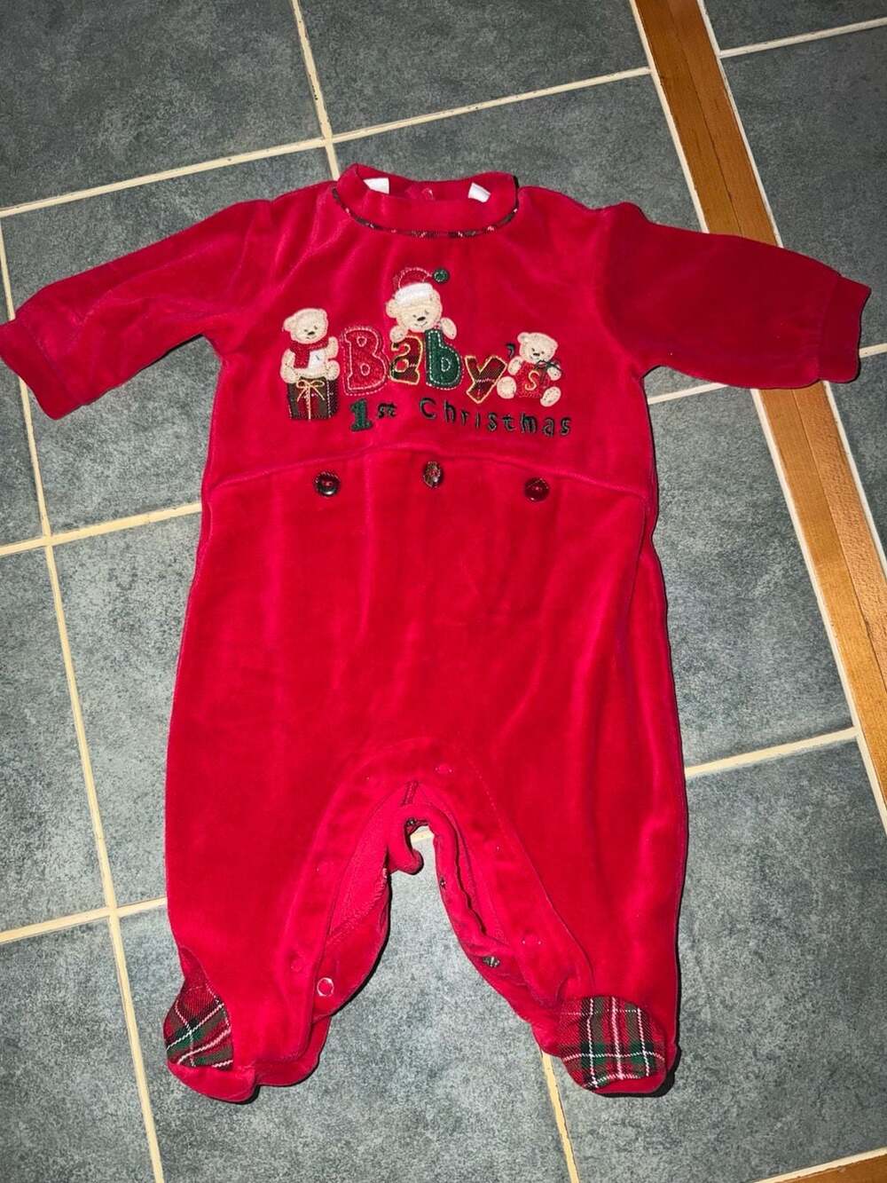 Miniwear Baby's 1st Christmas Red Velour Footed Sleeper Teddy Bear Embroidery
